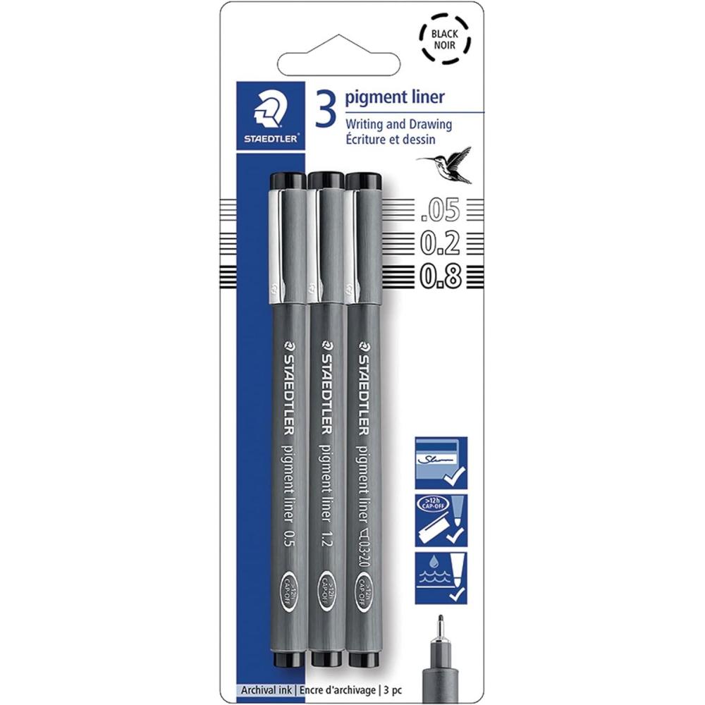 Staedtler Pigment Liner Pack, Black, 8 Pens, Assorted Line Widths, 0.05mm, 0.1mm, 0.2mm, 0.3mm, 0.5mm, 0.8mm, 1.0mm, 1.2mm(3 Pack – Med/Bold)