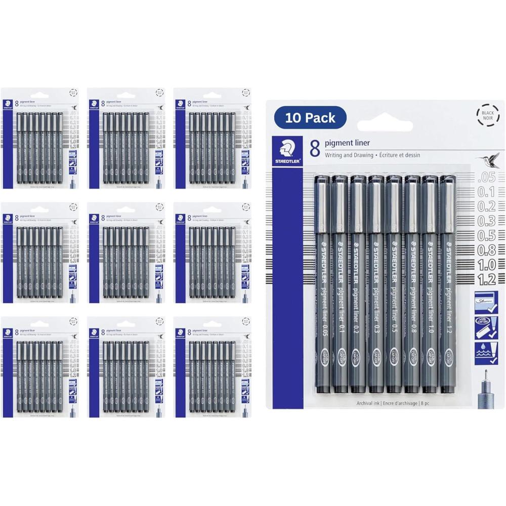 Staedtler Pigment Liner Pack, Black, 8 Pens, Assorted Line Widths, 0.05mm, 0.1mm, 0.2mm, 0.3mm, 0.5mm, 0.8mm, 1.0mm, 1.2mm(10 Pack (8 pcs per set))