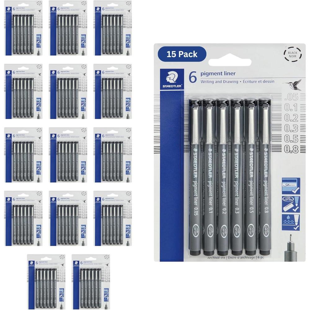 Staedtler Pigment Liner Pack, Black, 8 Pens, Assorted Line Widths, 0.05mm, 0.1mm, 0.2mm, 0.3mm, 0.5mm, 0.8mm, 1.0mm, 1.2mm(15 Pack (6 pcs per set))
