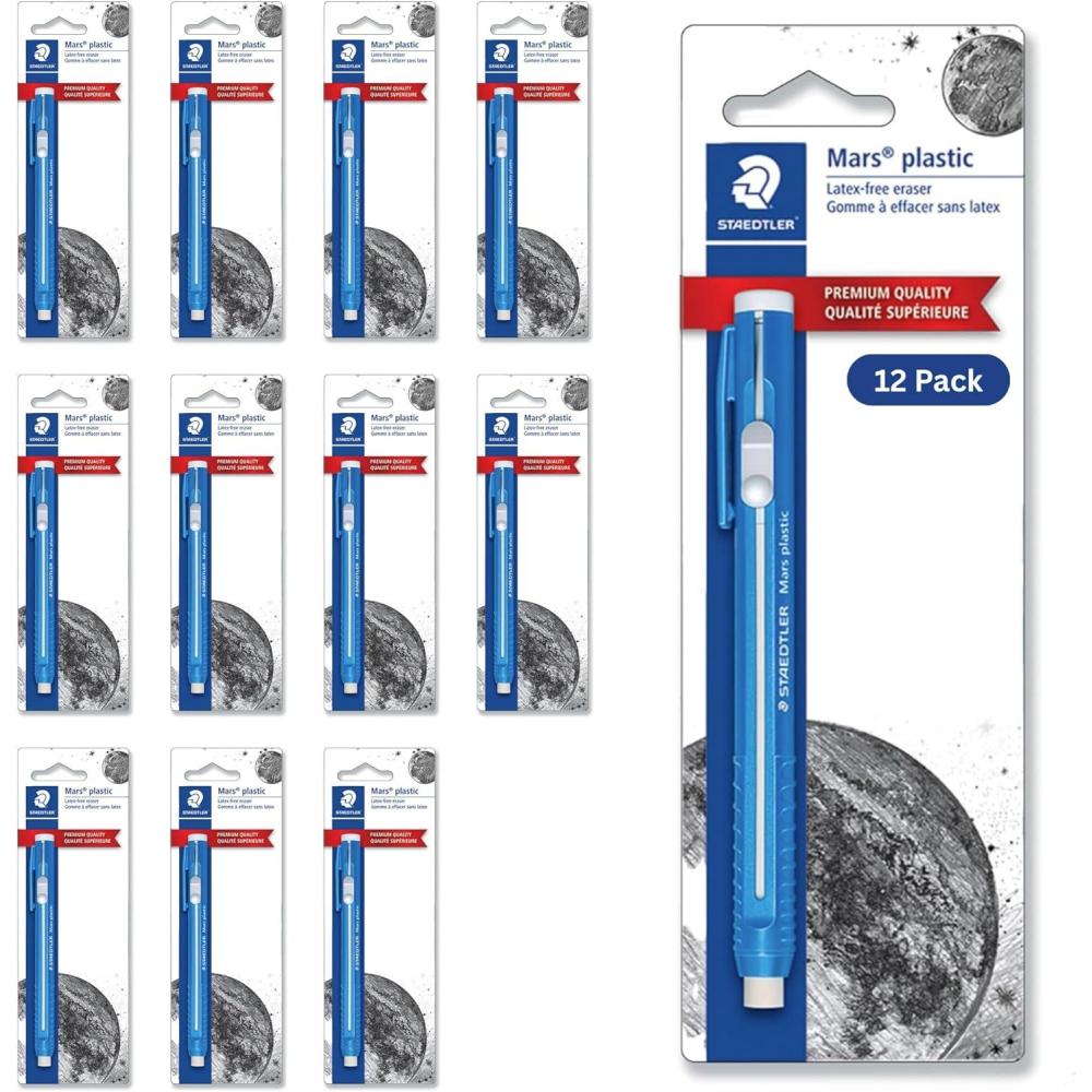 STAEDTLER Mars Plastic Eraser Pen with Refillable Holder, German-Made Eraser for Pencils, Smudge-Free & Tear-Free Precision, Retractable Design with Clip, Blue(12 Pack – Eraser Pen)