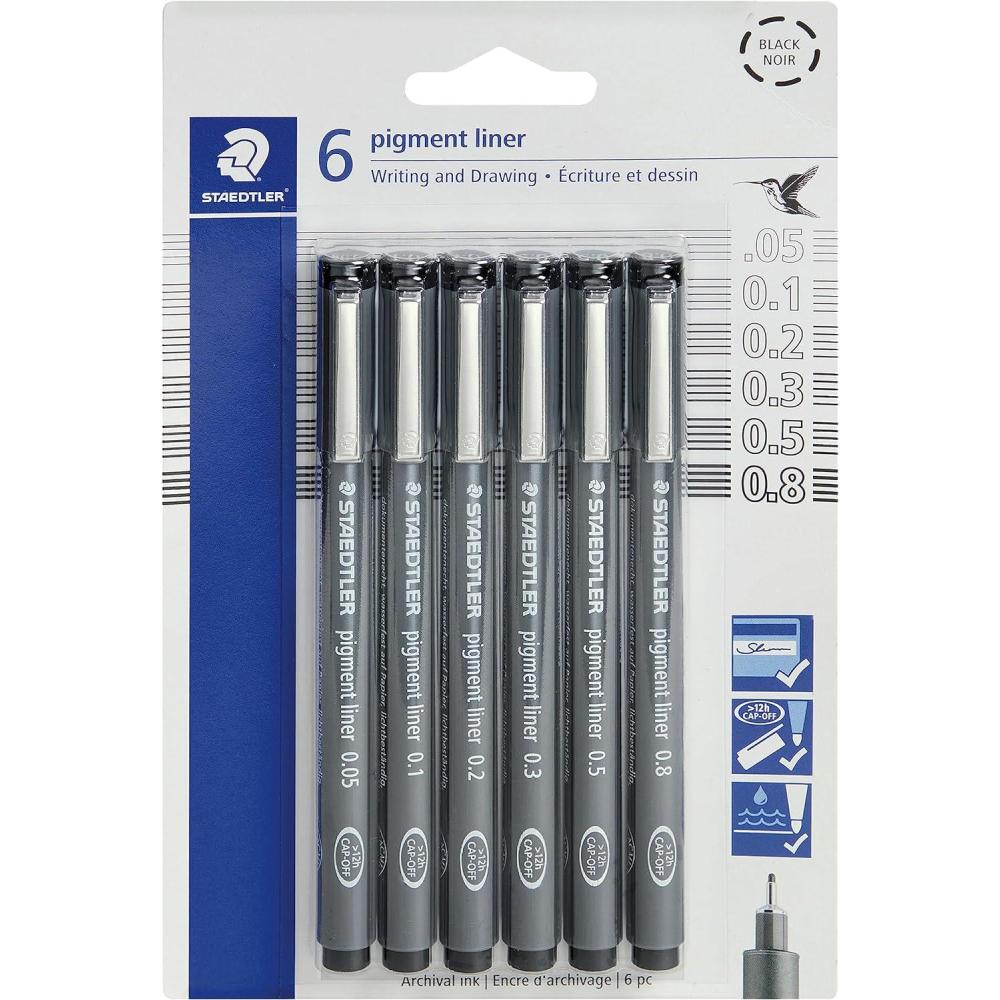 Staedtler Pigment Liner Pack, Black, 8 Pens, Assorted Line Widths, 0.05mm, 0.1mm, 0.2mm, 0.3mm, 0.5mm, 0.8mm, 1.0mm, 1.2mm(6 Pack – Assorted)