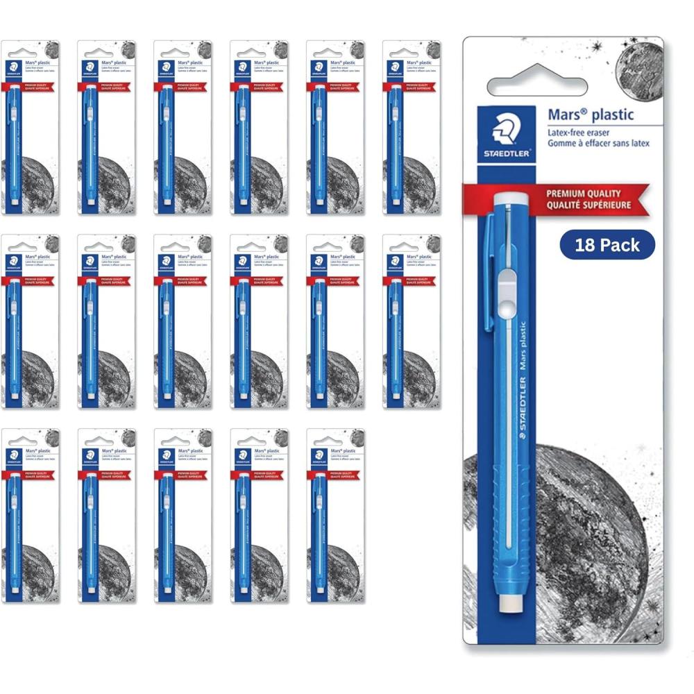 STAEDTLER Mars Plastic Eraser Pen with Refillable Holder, German-Made Eraser for Pencils, Smudge-Free & Tear-Free Precision, Retractable Design with Clip, Blue(18 Pack – Eraser Pen)
