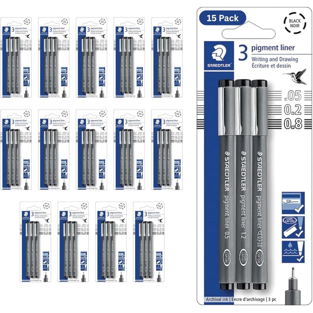 Staedtler Pigment Liner Pack, Black, 8 Pens, Assorted Line Widths, 0.05mm, 0.1mm, 0.2mm, 0.3mm, 0.5mm, 0.8mm, 1.0mm, 1.2mm(15 Pack (3 pcs per set))