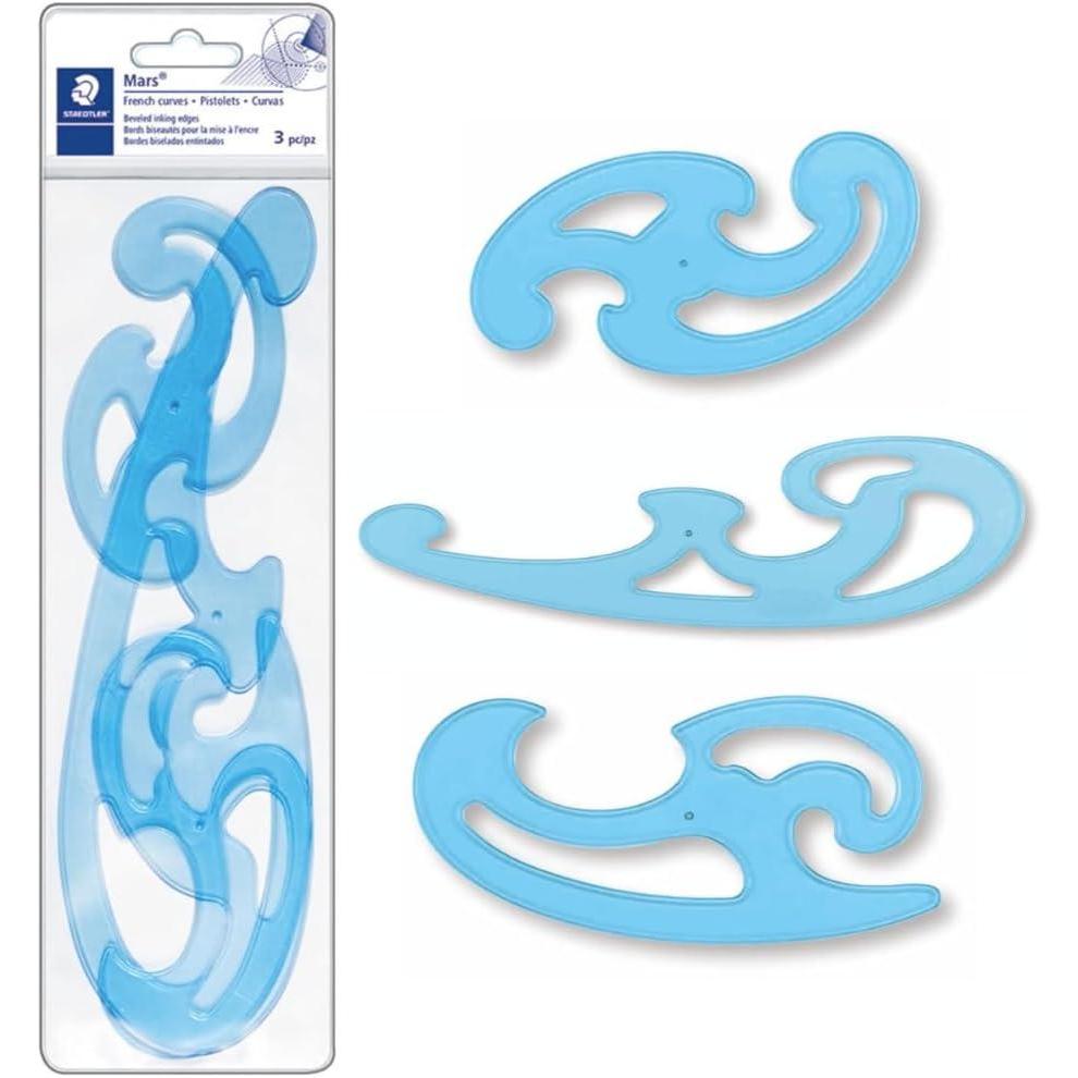 STAEDTLER Mars Professional French Curve Design Ruler Set for Pattern Making, 3 Essential A B C Shapes, Blue Transparent Plastic with Inking Edge(1)
