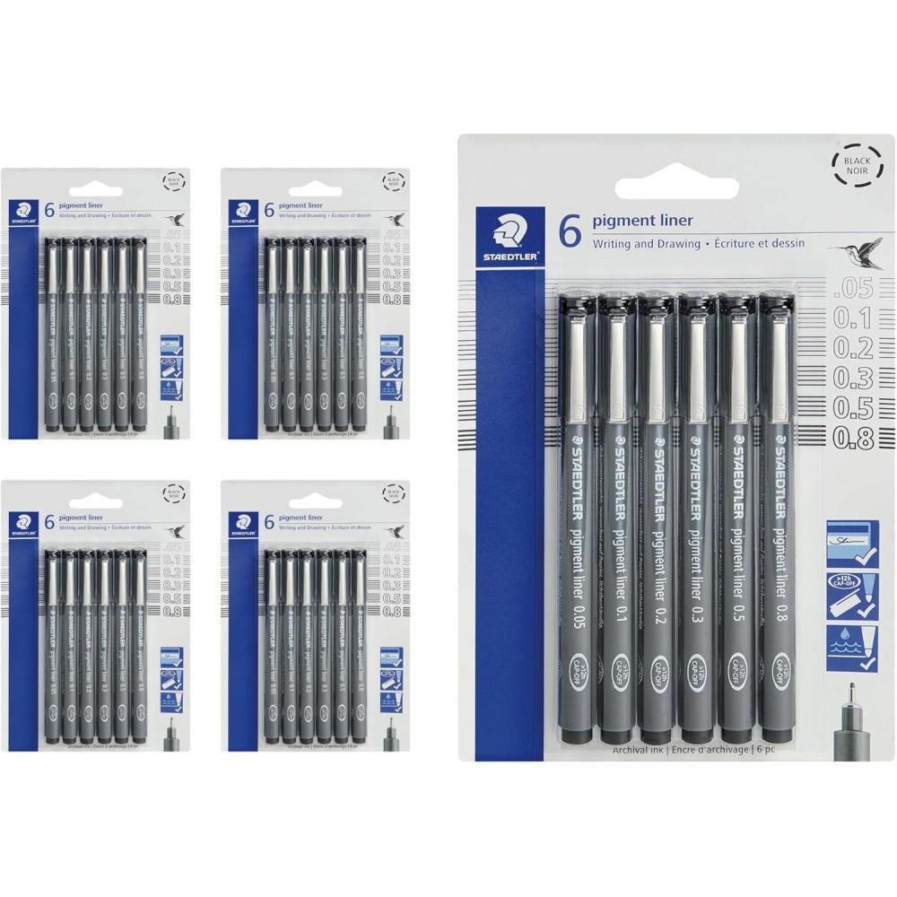 Staedtler Pigment Liner Pack, Black, 8 Pens, Assorted Line Widths, 0.05mm, 0.1mm, 0.2mm, 0.3mm, 0.5mm, 0.8mm, 1.0mm, 1.2mm(5 Pack (6 pcs per set))