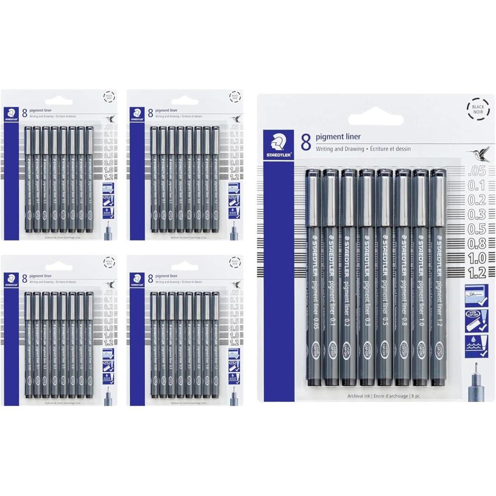 Staedtler Pigment Liner Pack, Black, 8 Pens, Assorted Line Widths, 0.05mm, 0.1mm, 0.2mm, 0.3mm, 0.5mm, 0.8mm, 1.0mm, 1.2mm(5 Pack (8 pcs per set))