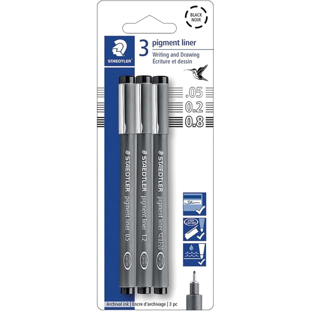 Staedtler Pigment Liner Pack, Black, 8 Pens, Assorted Line Widths, 0.05mm, 0.1mm, 0.2mm, 0.3mm, 0.5mm, 0.8mm, 1.0mm, 1.2mm(3 Pack – Extra F/Med)