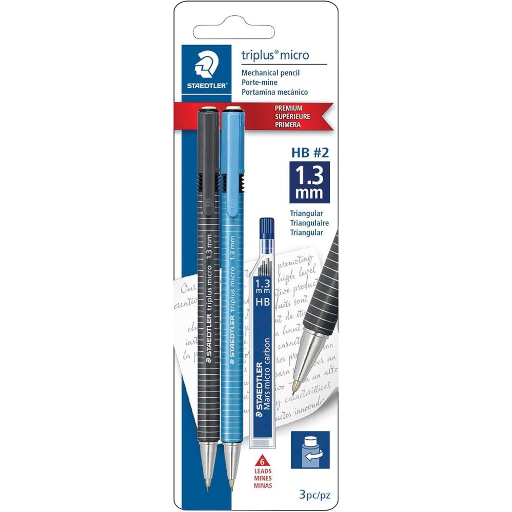 STAEDTLER Triplus Micro Mechanical Pencils, 1.3mm #2 Lead with Twist Eraser, Ergonomic Triangular Grip, Includes 6 Refills, Break-Resistant Lead, 2-Pack