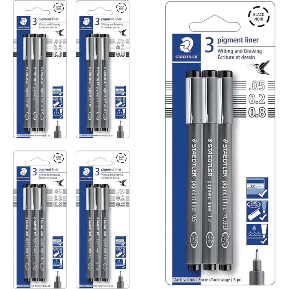 Staedtler Pigment Liner Pack, Black, 8 Pens, Assorted Line Widths, 0.05mm, 0.1mm, 0.2mm, 0.3mm, 0.5mm, 0.8mm, 1.0mm, 1.2mm(5 Pack (3 pcs per set))