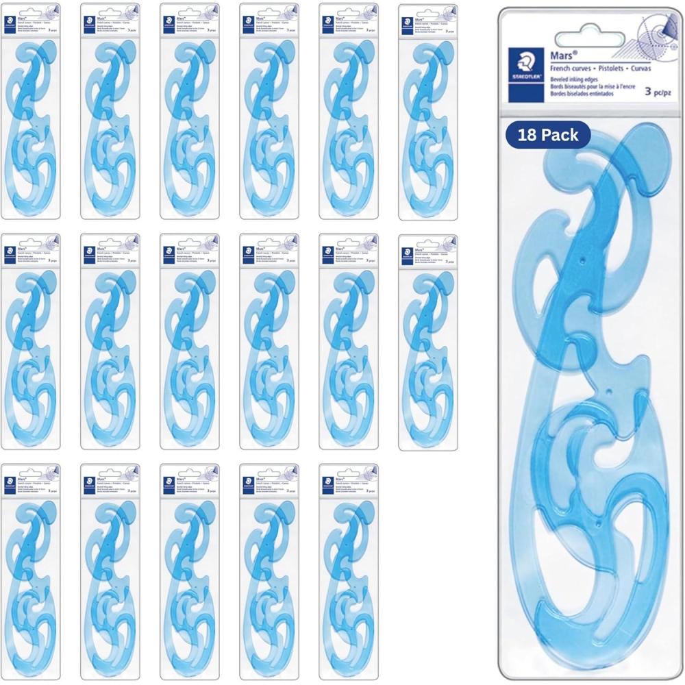 STAEDTLER Mars Professional French Curve Design Ruler Set for Pattern Making, 3 Essential A B C Shapes, Blue Transparent Plastic with Inking Edge(54)